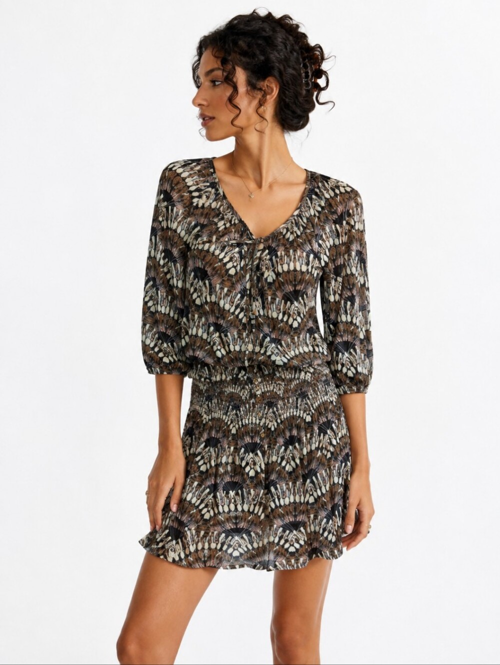 Patterned V-Neck Drawstring Drop Waist Dress Brown/Black/Cream Neutral Boho XS